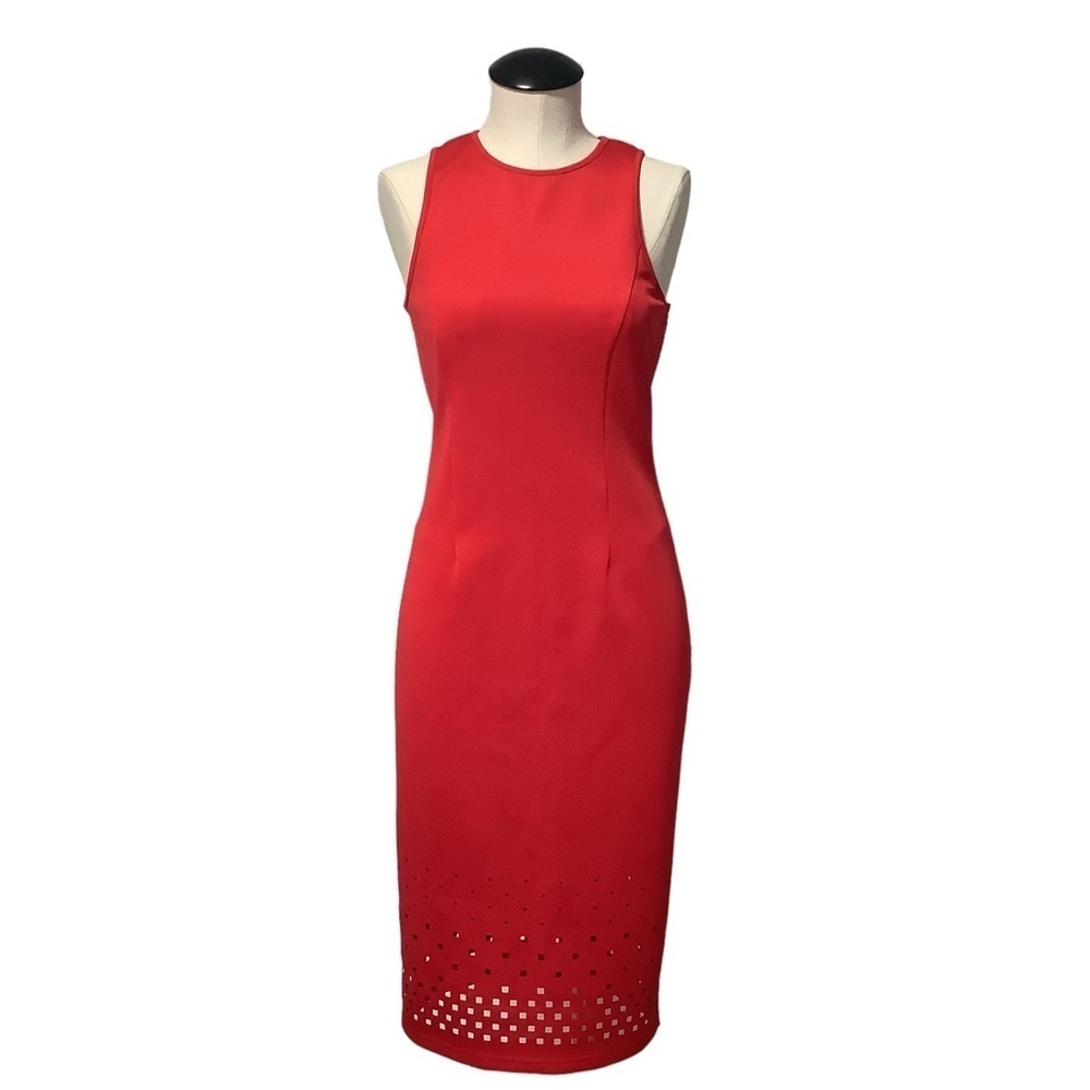 SPENSE Laser Cut Red‎ Bodycon Sleeveless Midi Dress Size 4